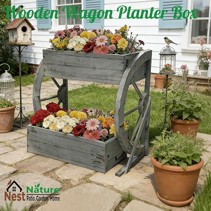 2 Tier Medium Wooden Wagon Planter Box|Outdoor Planter/Flower Pot for Indoor&Outdoor Plants-Rustic Garden Planter for Patio,Porch&Garden Decor-Raised Garden Bed for Succulents,Herbs,Vegetables