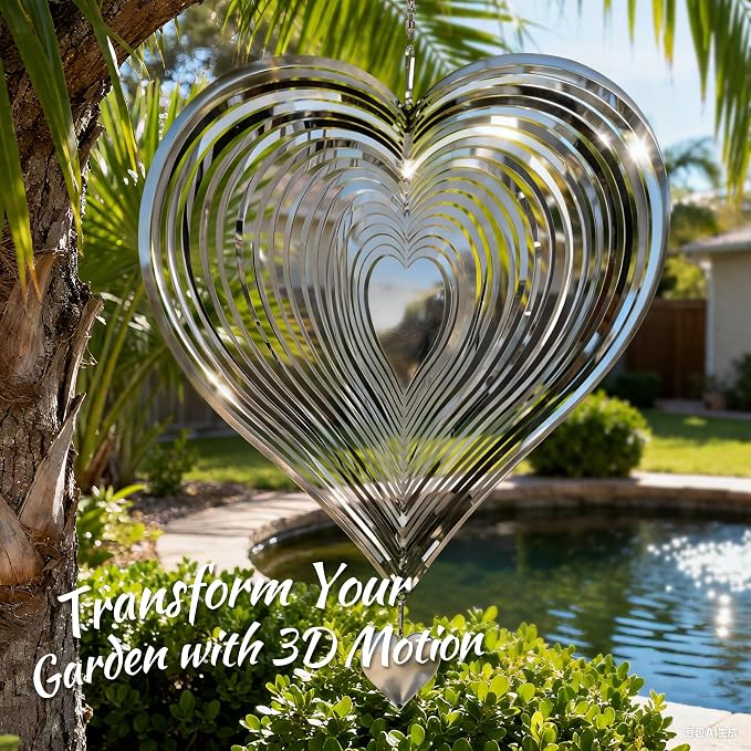 Wind Spinner Garden Decor, for Women, Gifts for Grandma and Mom, 3D Heart 12-Inch Stainless Steel Hanging Yard Spinner for Outdoor & Indoor Metal Decoration, 2 Pack