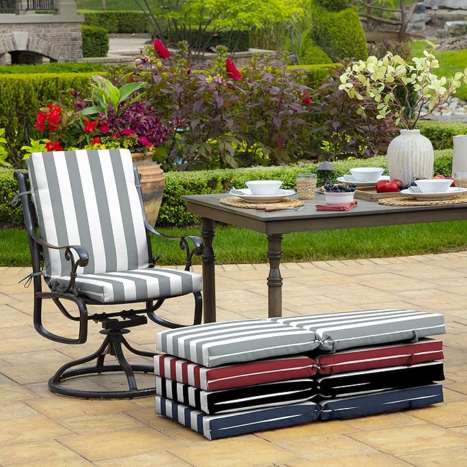 Arden 2-Pack Outdoor Patio Dining Chair Cushion, 20x44, Rain-Proof Seat Pad, Fade-Resistant Outdoor Cushion Stone Grey Cabana Stripe