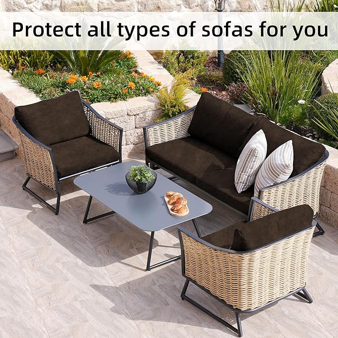 BIETYONE 8Pcs Stretch Velvet Patio Cushion Cover,Fluffy,for Fall Outdoor Couch Cushion Cover Replacement,Washable Indoor Outdoor Cushion Slipcovers(Coffee,Cover Only)