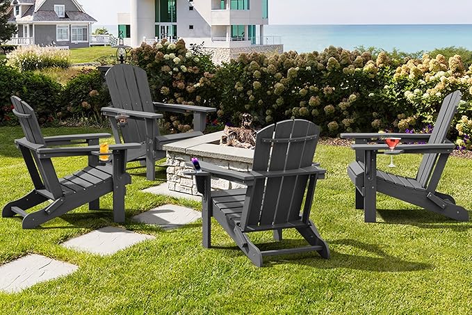 SERWALL Foldable Adirondack Chair Set of 6, HDPE Adirondack Chair with Wood-Texture-Gray