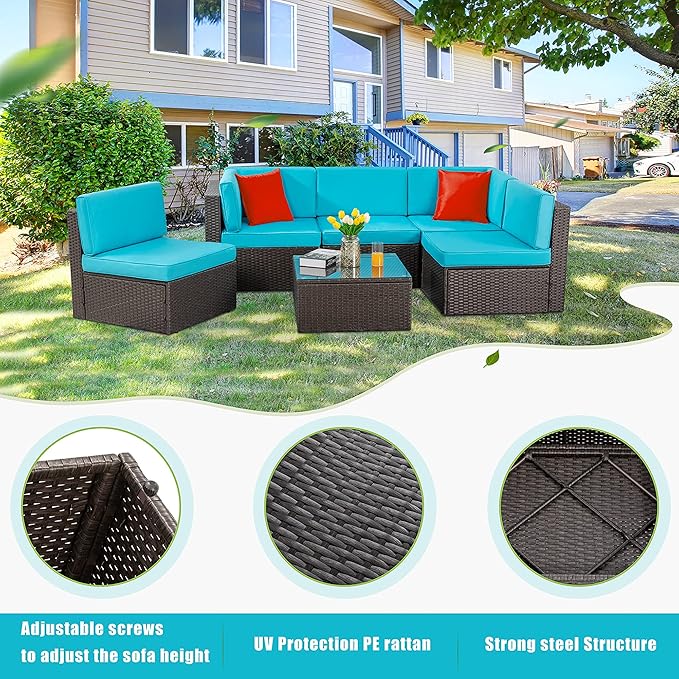 Vongrasig 6 Piece Patio Furniture Set, Small Outdoor Sectional Sofa Couch, All Weather PE Wicker L-Shaped Corner Patio Sofa Garden Backyard Patio Conversation Set w/Glass Table, Blue