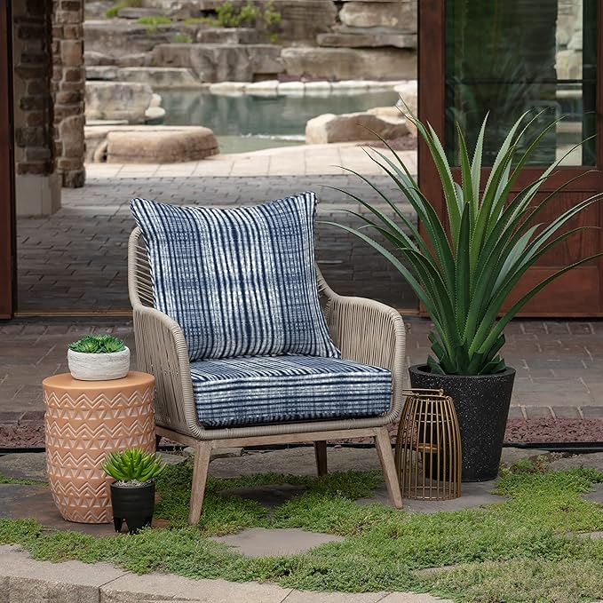 Arden Outdoor Foam Deep Seat Cushion Set (2-Pack), 24x24, Premium High-Density Foam, Never Flattens, Weather-Proof for Patio Chair Sofa Couch, Blue Shibori Stripe