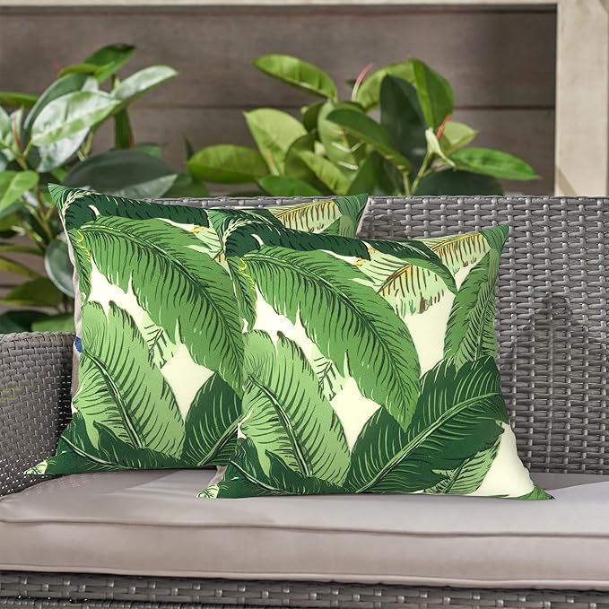 LVTXIII 2 Pack Outdoor Throw Pillow Covers for Patio Furniture, 16x16 Inch Square Pillow Case, Water-Repellent Cushion Covers for Garden, Porch, Sofa, Swaying Palms Green