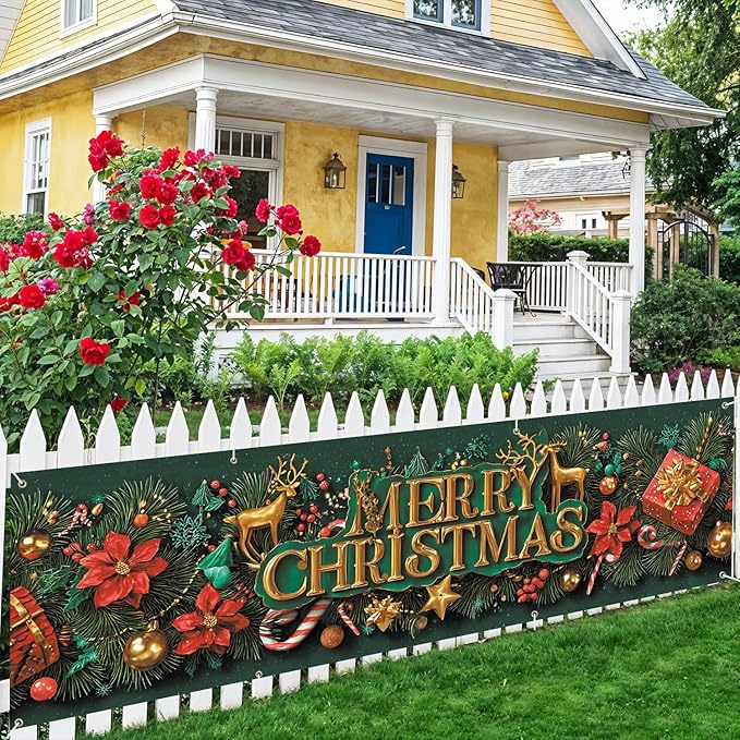 10x3 ft Extra Large Merry Christmas Banner Outdoor 115''x35'' Merry Christmas Decorations Xmas Tree Snowman Banners Yard for Fence Outside banner for Garden Party