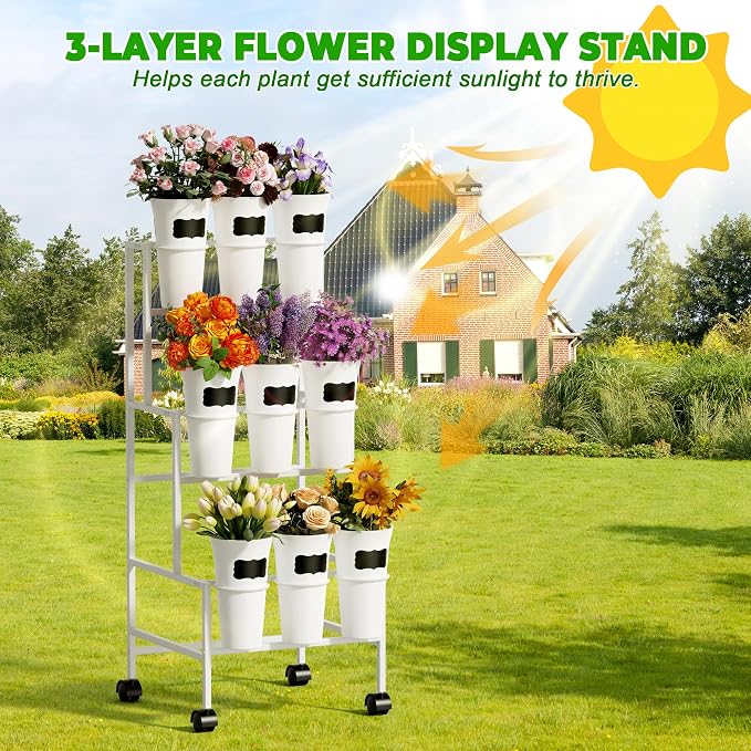 Flower Display Stand with 9 Buckets, 3 Tier Metal Flower Cart Display Stand with Wheels, Flower Bar Stand for Garden Flower Shop Indoor Outdoor Wedding Party Decor, White