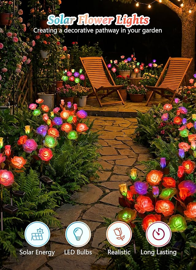 Brightown Outdoor Solar Flower Lights, 4 Pack 7-Color Changing Solar Garden Lights with Larger & More Realistic Rose, Bigger Solar Panel, Waterproof Solar Lights for Yard Garden Lawn Pathway Decor