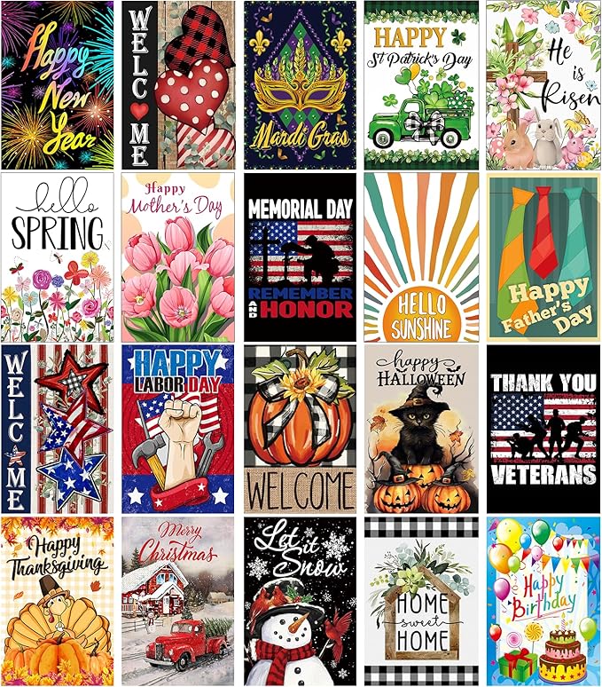 20 Pack Seasonal Garden Flags Set Double Sided 12x18 Inch Small Yard Flags, Holiday Seasonal Garden Flag for Outside Decoration for All Year Round