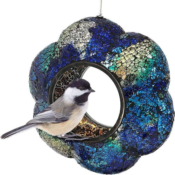 Sunnydaze 10-Inch Glass Mosaic Hanging Bird Feeder for Outdoors - Fly-Through Glass Bird Feeder for Cardinals, Jays, Finches and More - Indigo Flower Mosaic