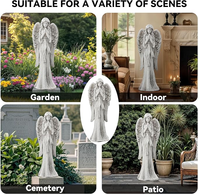 Praying Angel Statue for Outdoor Garden, 26.4 Inch Large Heavenly Memorial Sculpture,Durable MGO Stone Standing Angels for Yard, Patio or Cemetery Decor,Offering Comfort & Peace, Antique White