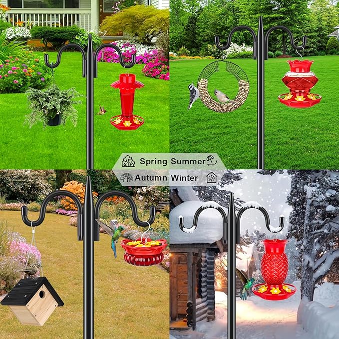 Gtongoko Bird Feeder Pole for Outdoors Heavy Duty, 2 Pack 108 Inch Double Shepherds Hook with 5-Prong Stable Base, 3/4 Inch Thick Hummingbird Feeder Stand for Hanging Plants, Lanterns