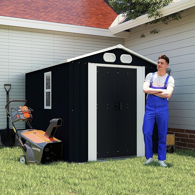 KEIKI 8x6 FT Outdoor Storage Shed, Metal Garden Shed, Heavy Duty Tool Shed, Lockable Weatherproof Storage House with Air Vents for Backyard Patio Outdoor Storage, Dark Gray