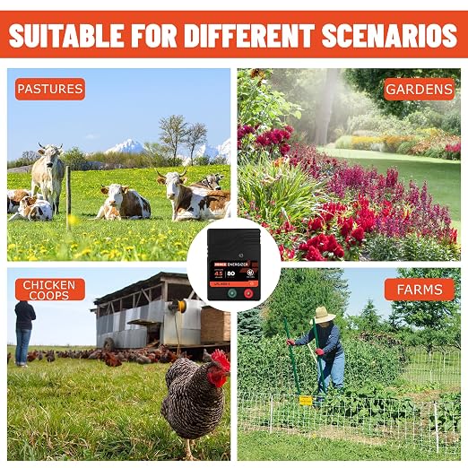 Electric Fence Charger AC Powered 80 Miles 250 Acres, 110 Volt 4.5 Joule Plug-in Electric Fence Energizer, Output Voltage Max 10 kV for Livestock, Preventing Predators from Intruding