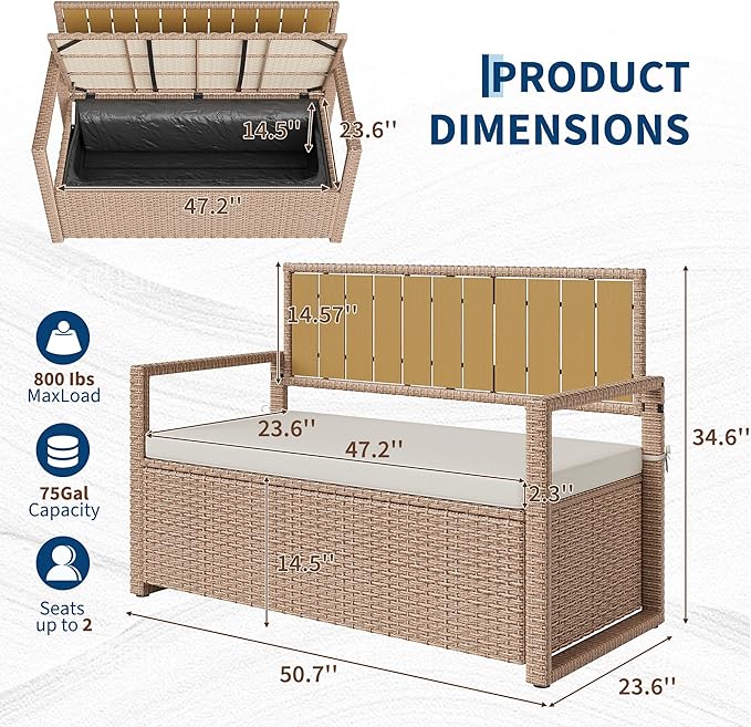 46 Gallon Deck Box Organizer, PE Rattan Storage Bench with Backrest & Waterproof Cushion, Patio Seat with Wood Armrests & Metal Frame for Porch, Backyard, Garden, Poolside