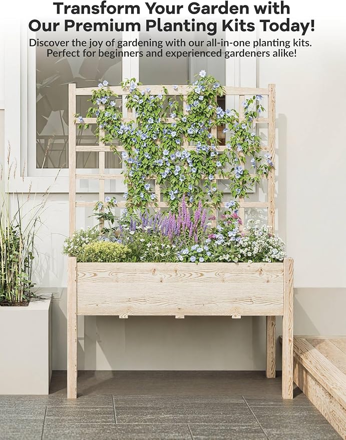 65" Elevated Wooden Raised Garden Bed Planter Box with Trellis, Stand & Waterproof Liner - Large Outdoor Grow Box for Vegetables, Herbs, Flowers on Patio, Balcony, Backyard