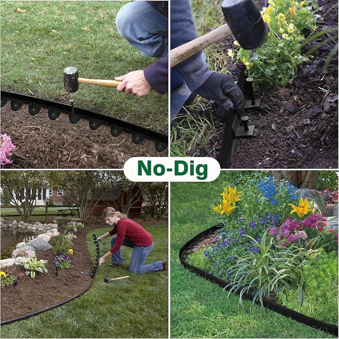 40 Ft Landscape Edging, Garden Edging with 36 Pcs Spikes, 4 in Tall Plastic Edging for Landscaping, No Dig Garden Border Edging, Landscaping Edging Border for Flowerbed Lawn Yard Grass, Black