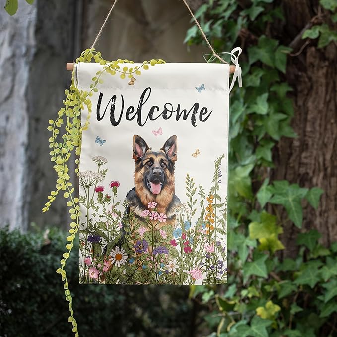 Floral German Shepherd Garden Flag Spring Summer House Flags 28 x 40 Double Sided Flower Dog Yard Flags for Outside Large Outdoor Welcome Flags