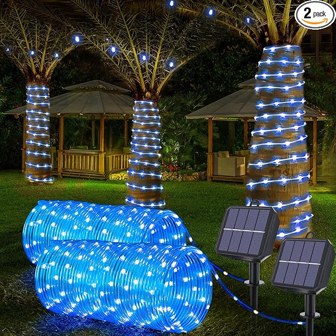 Solar Rope Lights, 2 Packs Total 132ft 400LED Solar String Lights, 8 Modes Waterproof Solar Powered Outdoor Light, Flexible Clear Tube Light for Garden Backyard Patio Deck Porch Tree Xmas Decor - Blue