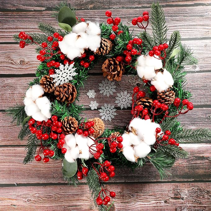 Boao 12 Pieces Pine Snowy Flower Christmas Picks Red Berry Artificial Holly Sprays Picks Fake Berries Pine Cones for Christmas Crafts Party Festive Home Tree Decor 11 Inch Flexible Stems