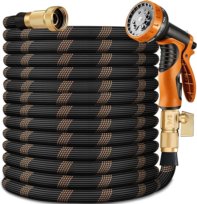 Flexible Garden Hose 50 FT, Ultra Lightweight Water Hoses w/10 Function Sprayer and 3/4" Brass Fittings, Kink-Free, Sturdy, Abrasion Resistant for Yard, Lawn, Outdoor and Gardening(Black Orange)