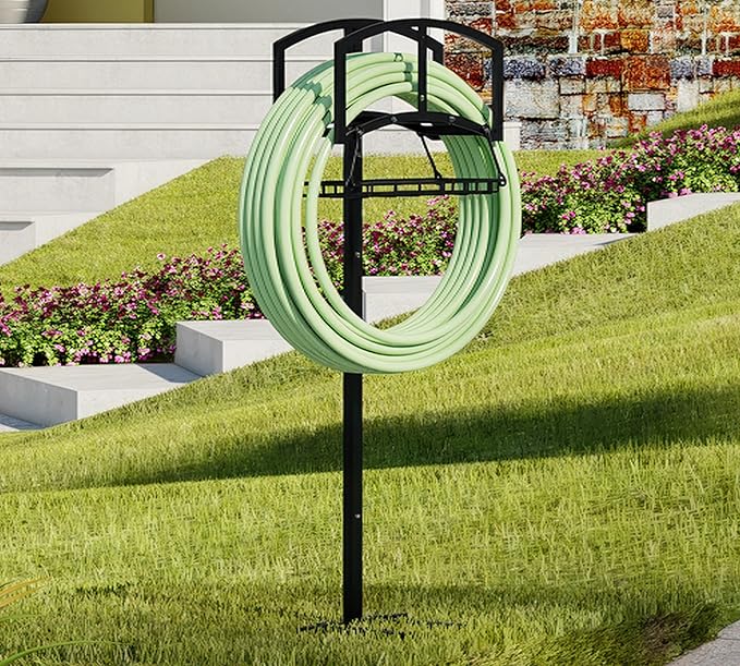 Garden Hose Holder with Storage Basket - Heavy-Duty Freestanding Hose Organizer, Black Powder-Coated, Detachable Design Holds 150FT Hose, Includes Assembly Tools for Lawn, Yard, and Garden