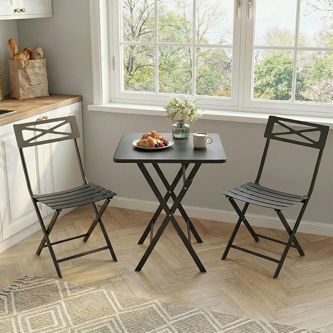 GarveeTech 3-Piece Folding Bistro Set, Heavy Duty Outdoor Patio Furniture with 2 Chairs & 1 Table, Weather-Resistant Steel Frame, No Assembly Required for Garden, Yard, Balcony,Black