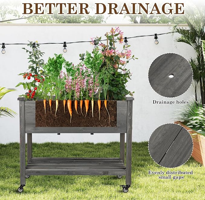 Raised Garden Bed with Lockable Wheels, 40x24x32 inch Elevated Wood Planter with Storage Shelf Protective Liner for Vegetable Flower Herb Outdoor Balcony Patio Backyard, Grey
