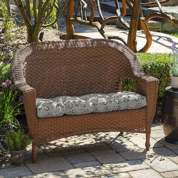 Arden Outdoor Wicker Settee Cushion, 41.5 x 18, Rain-Proof, Fade Resistant Neutral Aurora Damask