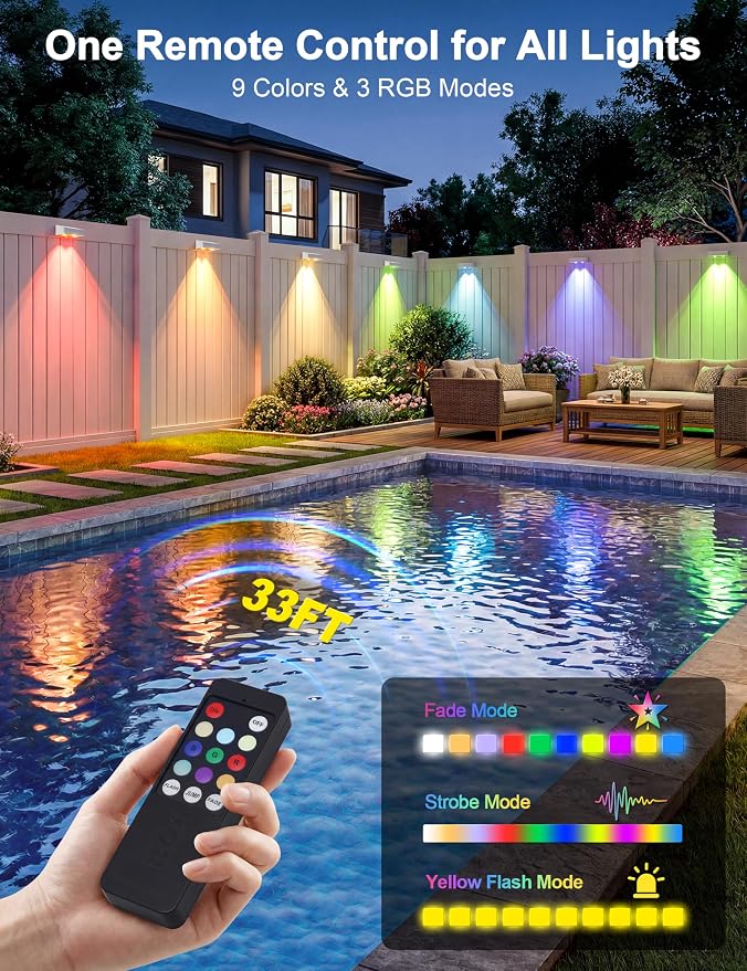 JOFIOS Solar Fence Lights Outdoor with Remote, 8 Pack, 9 Fixed Colors ＆ Color Changing Solar Lights Outdoor Waterproof IP65 Dusk-to-Dawn Vinyl Fence Lights for Patio, Railing, Pool, Porch, Backyard