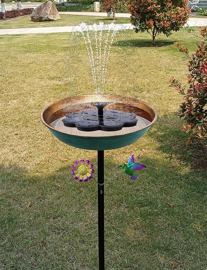 Freestanding Outdoor Bird Bath - 11 Inch Green & Bronze Birdbath Bowl & Feeder with Metal Stake 0.5 Gallon Garden Yard Patio Lawn Decor