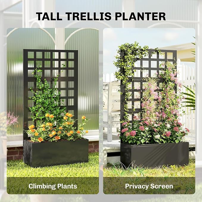 Outsunny Galvanized Raised Garden Bed with Trellis, Metal Planter Box with Drainage Holes, Outdoor Privacy Screen for Climbing Plants, Vegetable, Vines, 24" x 9" x 44.5", Black