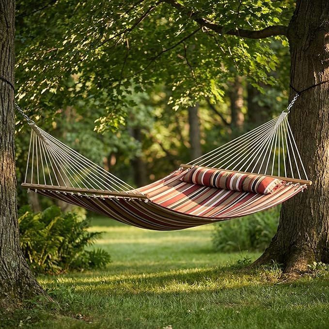 Sunnydaze Quilted Outdoor Hammock with Spreader Bars - Heavy-Duty 450-Pound Capacity Double Hammock for Outside - Awning Stripe