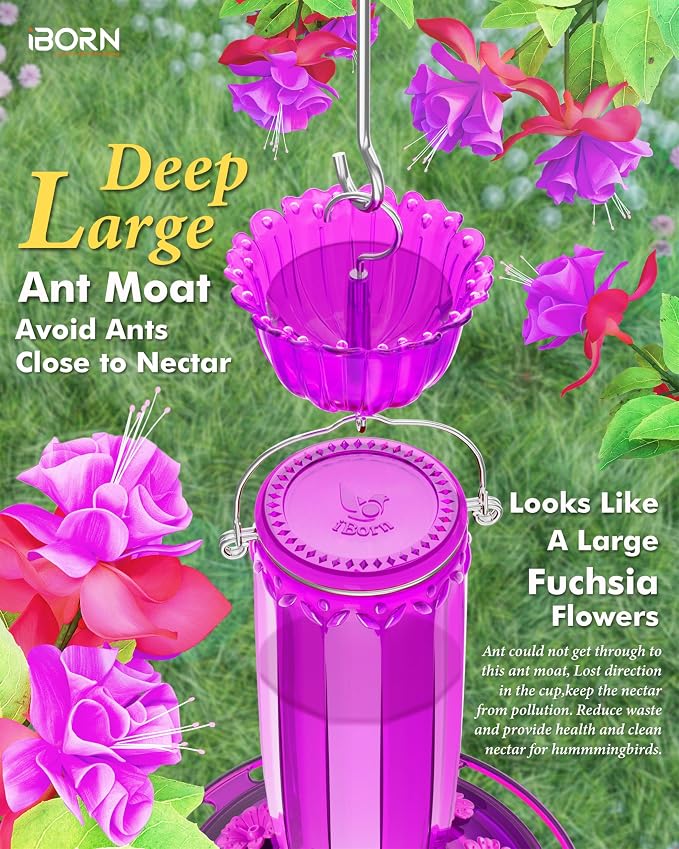 iBorn Hummingbird Feeders for Outdoors Hanging with Ant Moat for Hummingbird Feeder Glass 8 Ports for 16oz Humming Bird Nectar, Fuchsia Magenta, Pack of 1