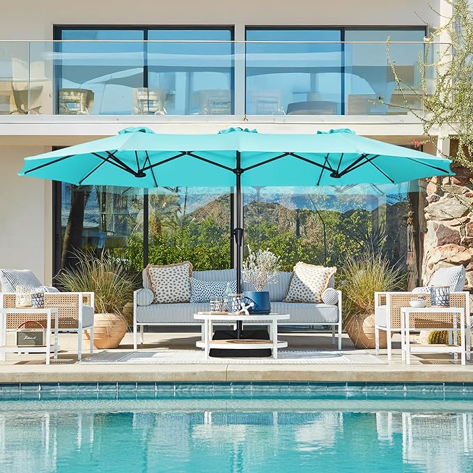 SUPERJARE 13FT Outdoor Umbrella for Patio, Double sided Pool Umbrellas with Fade Resistant Canopy, Large Table Umbrella for Deck, Market, Backyard - Light Blue(No Base)