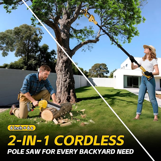 2-in-1 Electric Pole Saws for Tree Trimming, 6 Inch Mini Chainsaw Cordless with Extension Pole, 2 x 4000mAh Batteries,Battery Powered Pole Chain Saw, Tree Trimmer Limb Branch Cutter Pruner