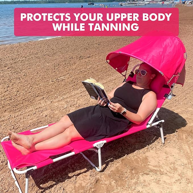 Tanning Chair with Sun Canopy Face Hole Softer Padded Adjustable Washable, Heavy Duty Layout Folding Lounge Chair for Adults Outside Beach Reading Sunbathing Poolside, UPF 50+ Sun Shade, Pink, 300 LBS
