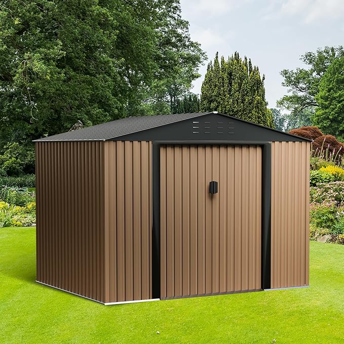 8FT x 6FT Sheds & Outdoor Storage, Metal Garden Shed, Outdoor Storage Shed, Metal Utility Tool Storage Shed with Door Lock, Waterproof Roofs, for Backyard Garden Patio Lawn, Brown