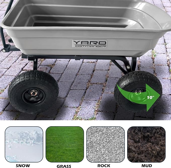 Yard Commander - 4 Cu.Ft. 600LB Poly Garden Cart Dump Wagon, Heavy Duty 4 Wheel Wheelbarrow, Quick Release 45 Degree Dumping, Yard Cart Dump Wagon with 10in All Terrain Wheels, Steel Frame