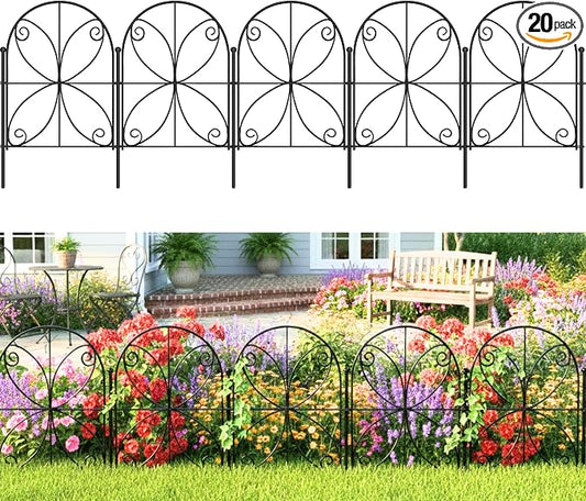 ShopLaLa Decorative Garden Fence (20 Panels) 12.5in(L) x 16.5in(H) Rustproof Black Metal Wire, Animal Barrier Fences for Dogs, Flower Bed Edging Landscape Border Yard Patio Butterfly Outdoor Decor