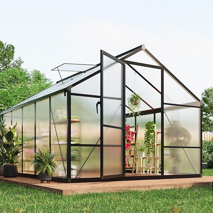 Garvee 8 x 10 ft Greenhouse, Greenhouses for Outside, Polycarbonate Greenhouse with Aluminum Frame, Lockable Door and Ajustable Roof Vent for Backyard, Green Houses for Outside Garden Backyard, Patio
