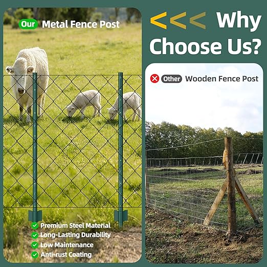 Metal Fence Post 5feet, Heavy Duty Garden Fence Post for Holding Wire Fence, Sign U Post Pack of 10 Sturdy Outdoor No Dig Fence Post for Garden Yard – Green