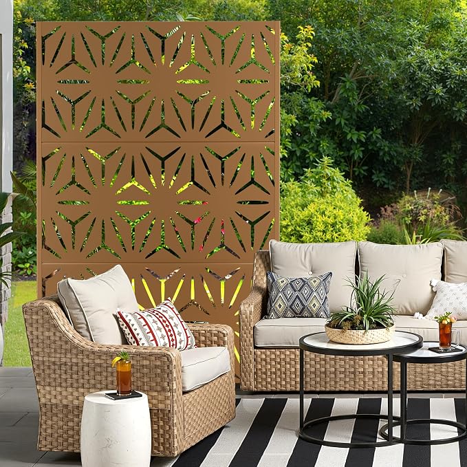 Metal Privacy Screen for Outdoor & Indoor Use, Free Standing Privacy Screen for Patio Garden Pool, 72" H x 47" W Decoative Privacy Panels, Weather Resistant, Easy Assembly (Brown Star)