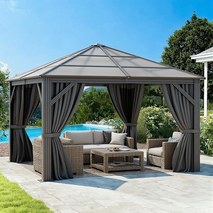 DWVO 10x10ft Hardtop Gazebo Polycarbonate Canopy Outdoor with Netting and Shaded Curtains, Metal Frame Garden Tent for Patio, Backyard, Deck and Lawns, Gray