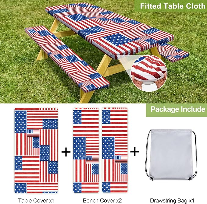 Picnic Table Cover with Bench Covers Camping Essentials Waterproof Windproof Camping Tablecloth with Drawstring Bag, Fitted Rectangle Tables and Seats, 60in, Red Blue White
