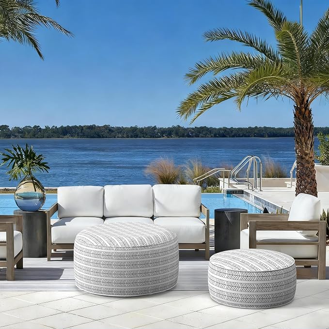 LVTXIII Indoor/Outdoor Large Inflatable Ottoman Pouf D31 x H14 Inch, Round Footstool with Handle, Weather-Resistant Portable Furniture for Patio, Camping, Beach, Herringbone Black White