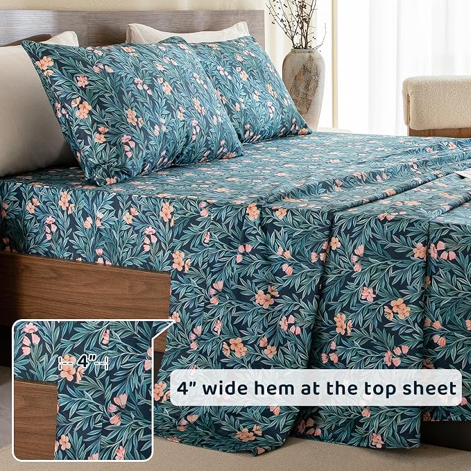 QSH Floral Egyptian Cotton Sheets Queen Size - Elegant Botanical Pattern Printed Bedding Sheets Queen Size Bed Extra Soft and Breathable 4pcs Deep Pockets Bed Sheets