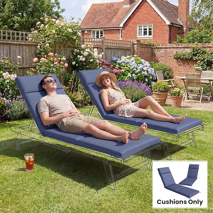Outsunny Outdoor Chaise Lounge Cushions Set of 2, Chaise Lounge Cushions with 6 Ties, High-Density Foam, 72 x 21.1 x 2.6 Inch Water-Repellent and UV-Resistant for Patio, Poolside, Navy Blue