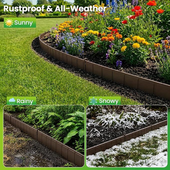 25 Panels Modular Metal Garden Edging 3.2in (H) x 33 ft (L)–Landscape Edging with 26 Stakes, Adjustable 0-270°for Curved Lawn & Flower Bed Borders, No Dig Metal Edging for Landscaping (Rust)