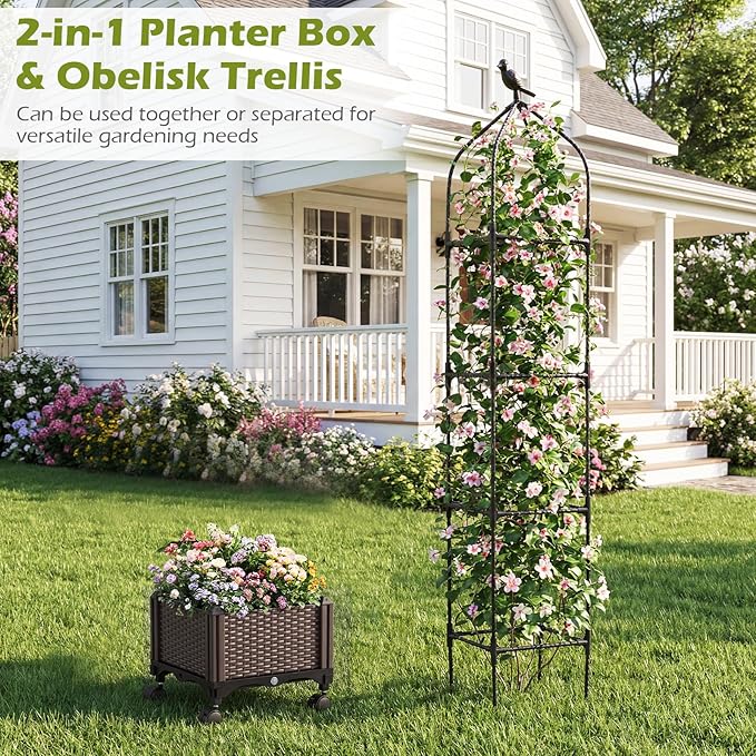 HAPPYGRILL Raised Garden Bed with Trellis, Self-Watering Tomato Cages, 83” 67” 51” Adjustable Height, Indoor Outdoor Obelisk Planter Box w/Trellis & Wheels for Climbing Plants Vines Fruits (2)