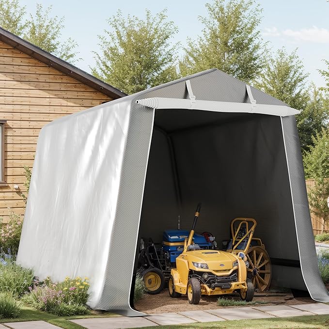 Shintenchi 6x6 FT Motorcycle Carport,Portable Storage Shed with Roll-up Zipper Door,Heavy Duty Portable Garage,UV Resistant & Waterproof Tarp,Storage Tent for Motorcycle,Bike,Garden Tools,Grey